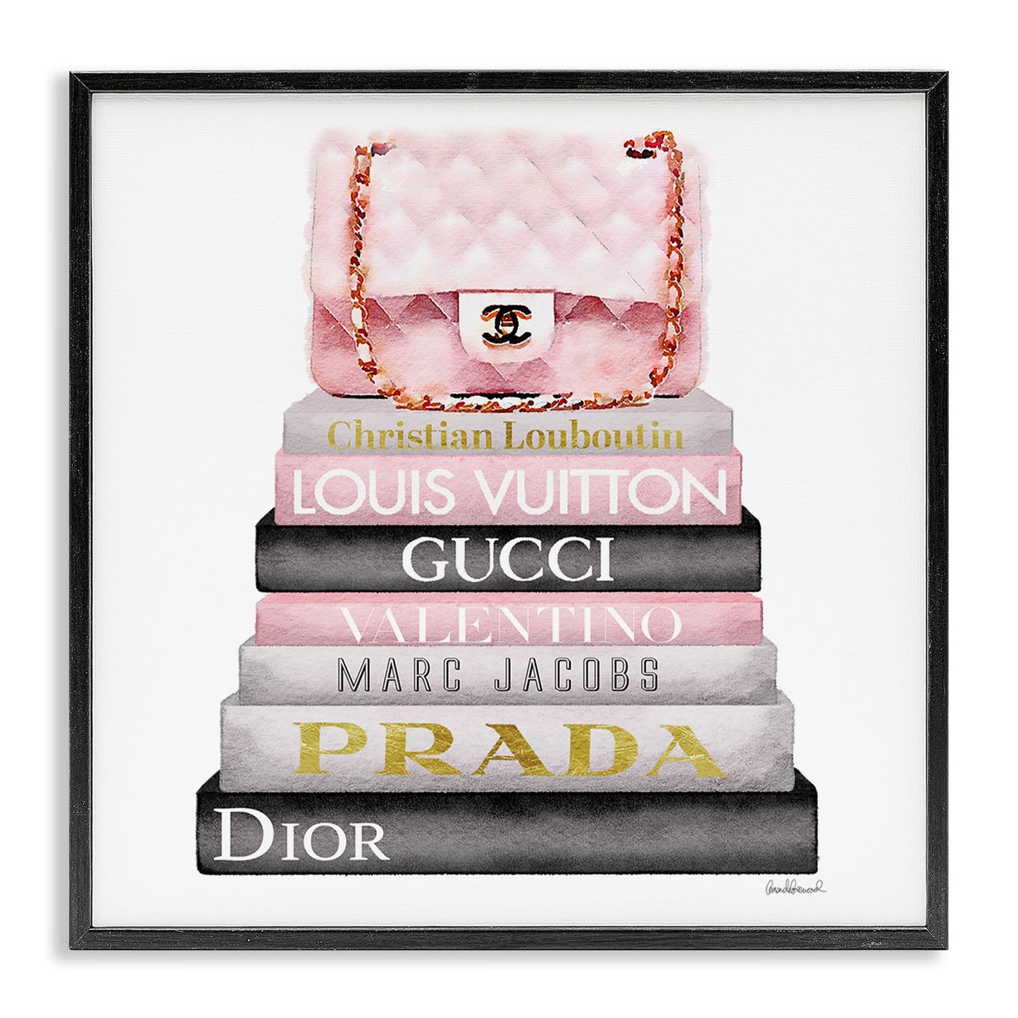 Stupell Industries 'Watercolor High Fashion Bookstack', Framed Giclee Art, Black, 12 x 12 Inches, Easy to Hang and Sturdy, Made in USA, by Amanda Greenwood