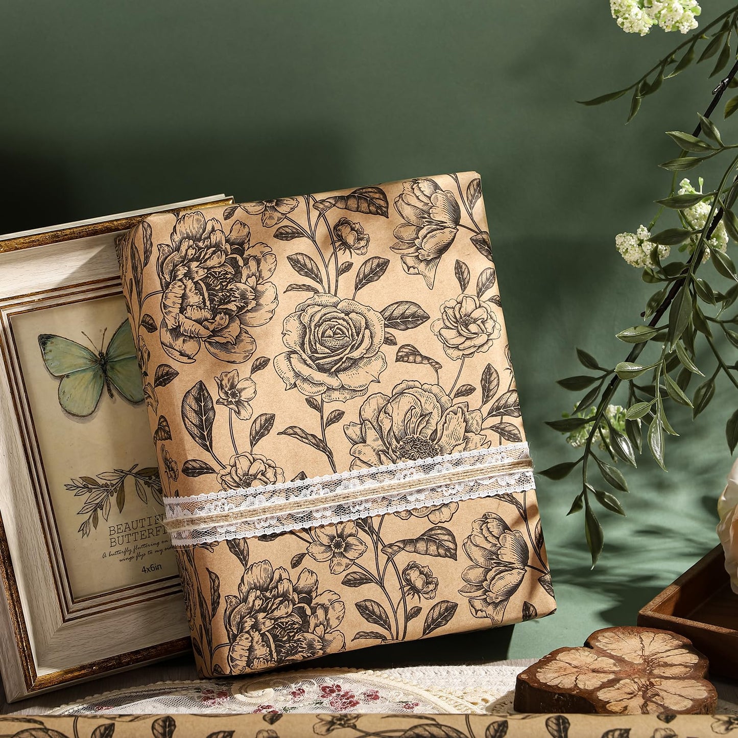 WRAPAHOLIC 30 Inch Kraft Floral Wrapping Paper Roll - 30 Inch x 33 Feet - Vintage Black Flower Wrapping Paper for Birthday, Bridal Shower, Wedding, Baby Shower