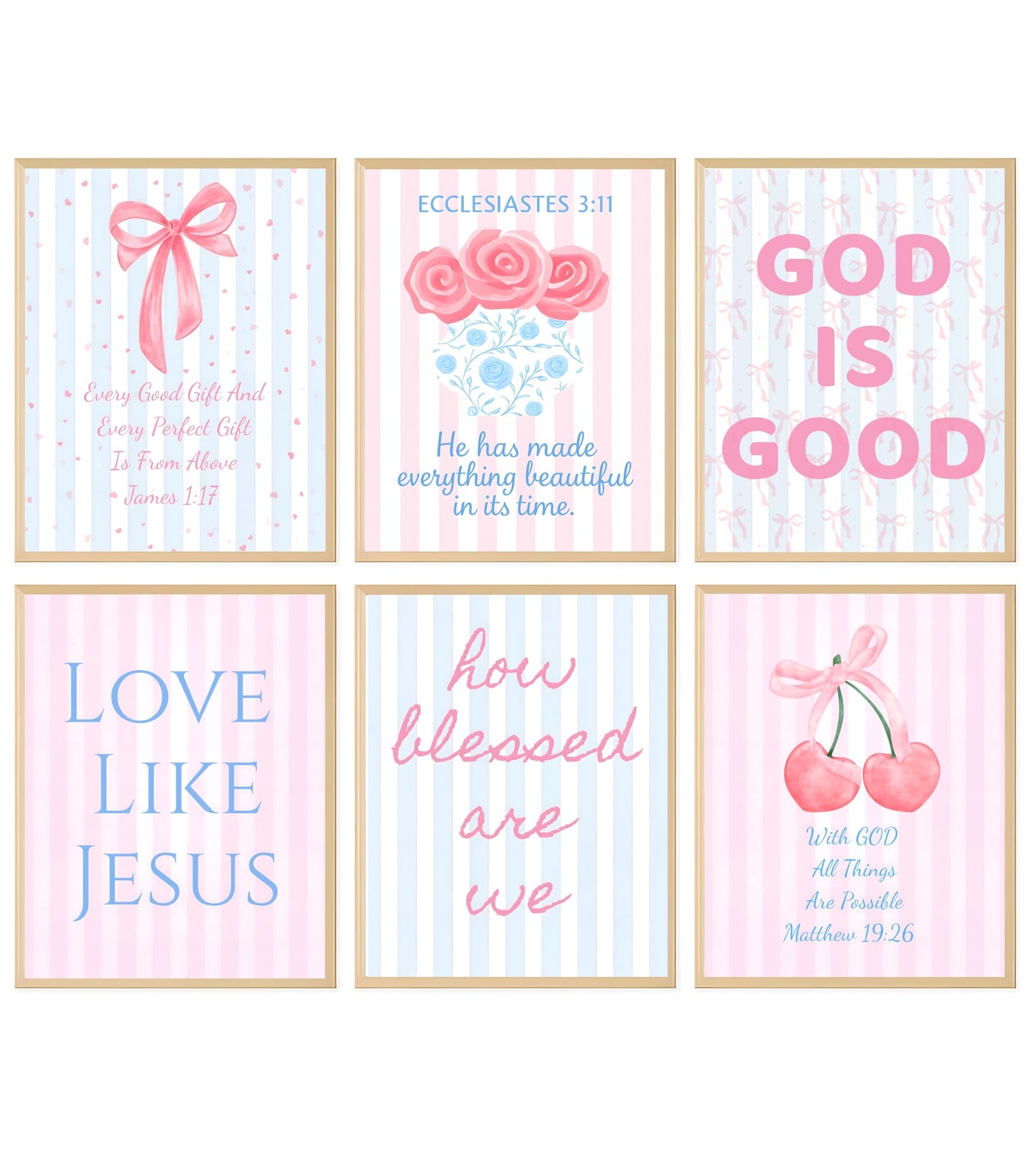 Coquette Pink & Blue Bow Wall Art Decor Posters - Blue & Pink Bow Christian Room Bedroom Bathroom Dorm Wall Art - Christian Inspirational Bible Verses - For College Teen Girls & Boys Gifts- Set Of 6 Pieces 8 x 10 Inch (UNFRAMED)