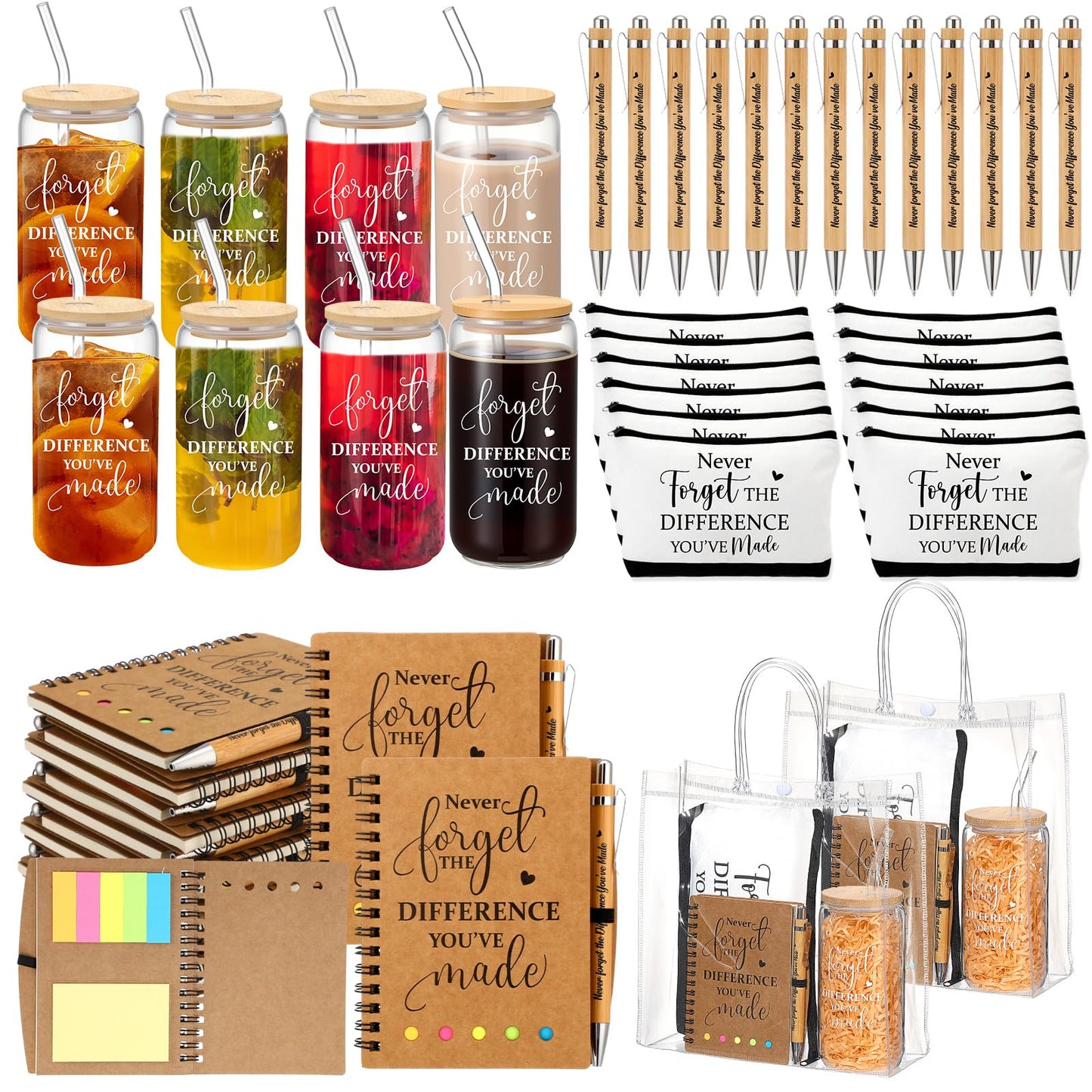 Yeyeplum 60 Pcs Employee Appreciation Gifts Bulk Inspirational Glass Cup Makeup Bag Bamboo Pen Motivational Notebook and Bag for Volunteer Lab Week Teachers Nurses Office Staff (Never Forget)