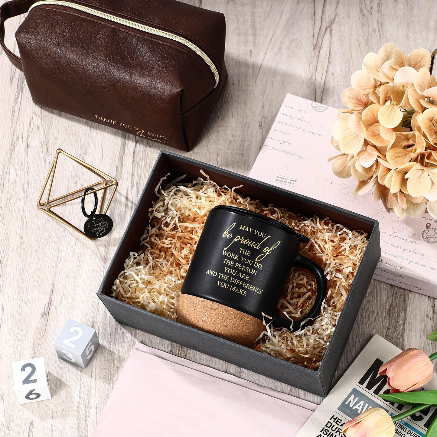 Dandat 3 Pcs Thank You Gift for Men Coworker Appreciation Office Gift Leather Toiletry Bag May You Be Proud 15oz Coffee Cup with Keychain for Boss Manager Teacher Nurse Employee(Brown)
