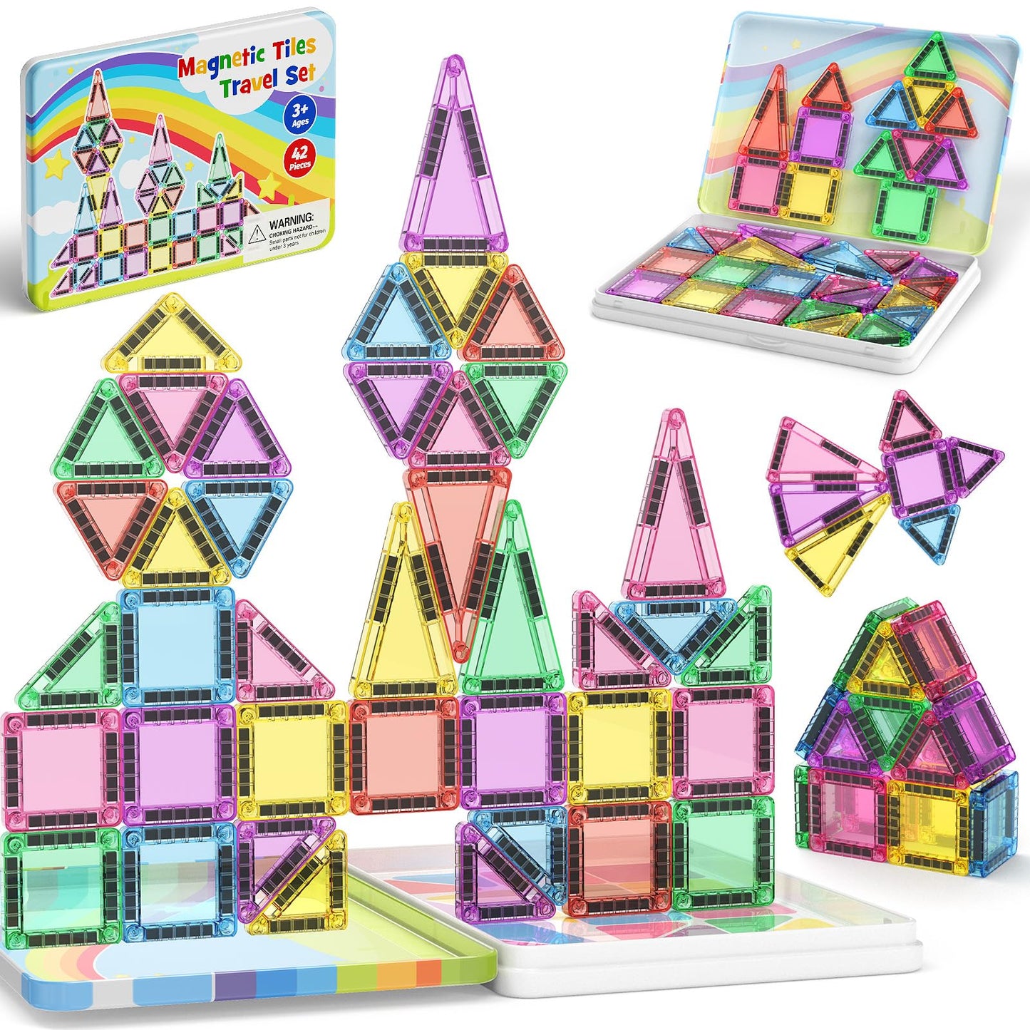 JSDKFJSA Magnetic Tiles Travel Toys for Kids 4-8, 42PCS Candy Color STEM Building Blocks with Visual Storage Guide & Metal Case, Airplane Activities & Toddler Travel Essentials Ages 3-5