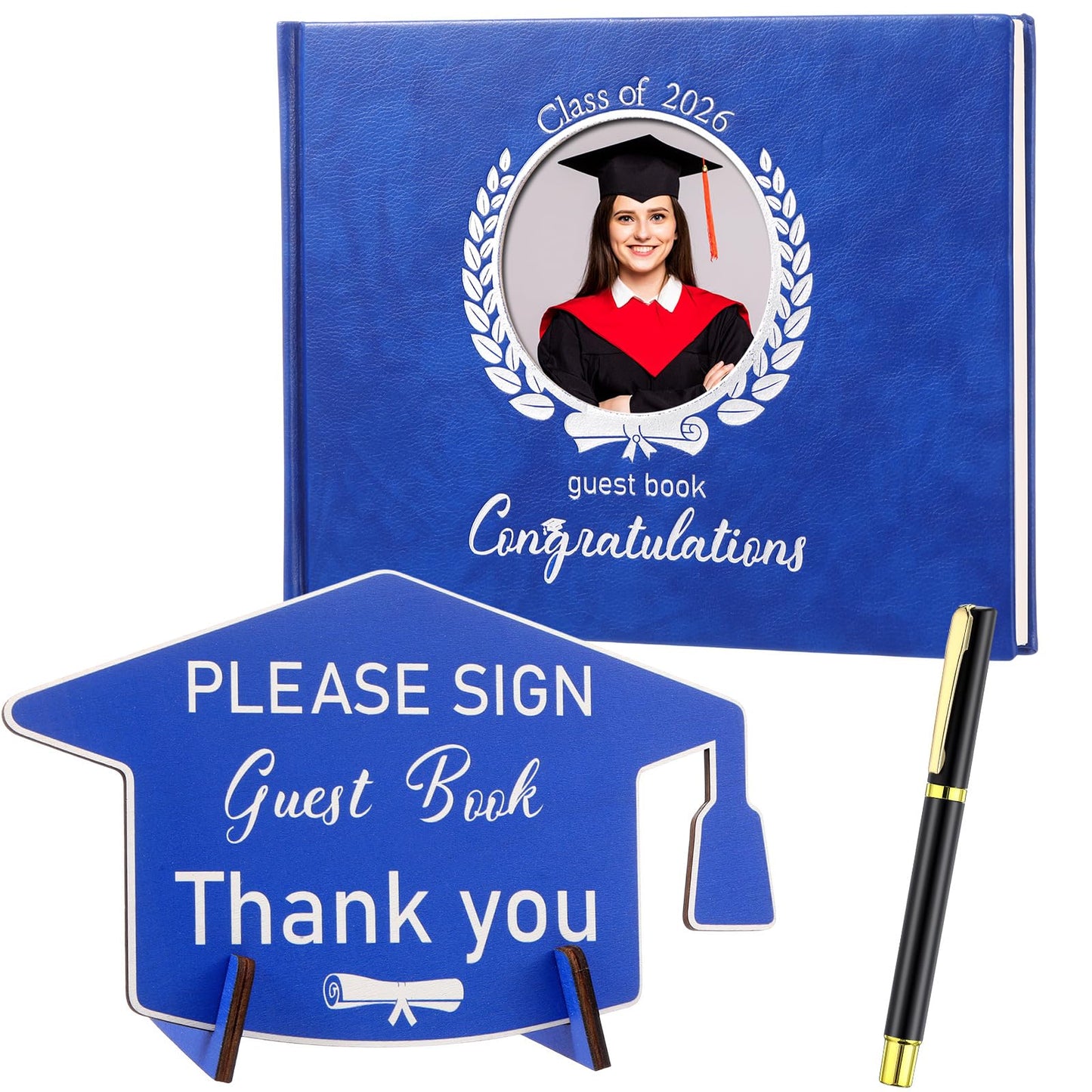 Pasimy Leather Graduation Guest Book with Grad Stand and Signature Pen 2026 Guest Sign in Book Grad Memory Registry Guestbook for College High School Graduation Party Gifts Supplies(Blue Silver)