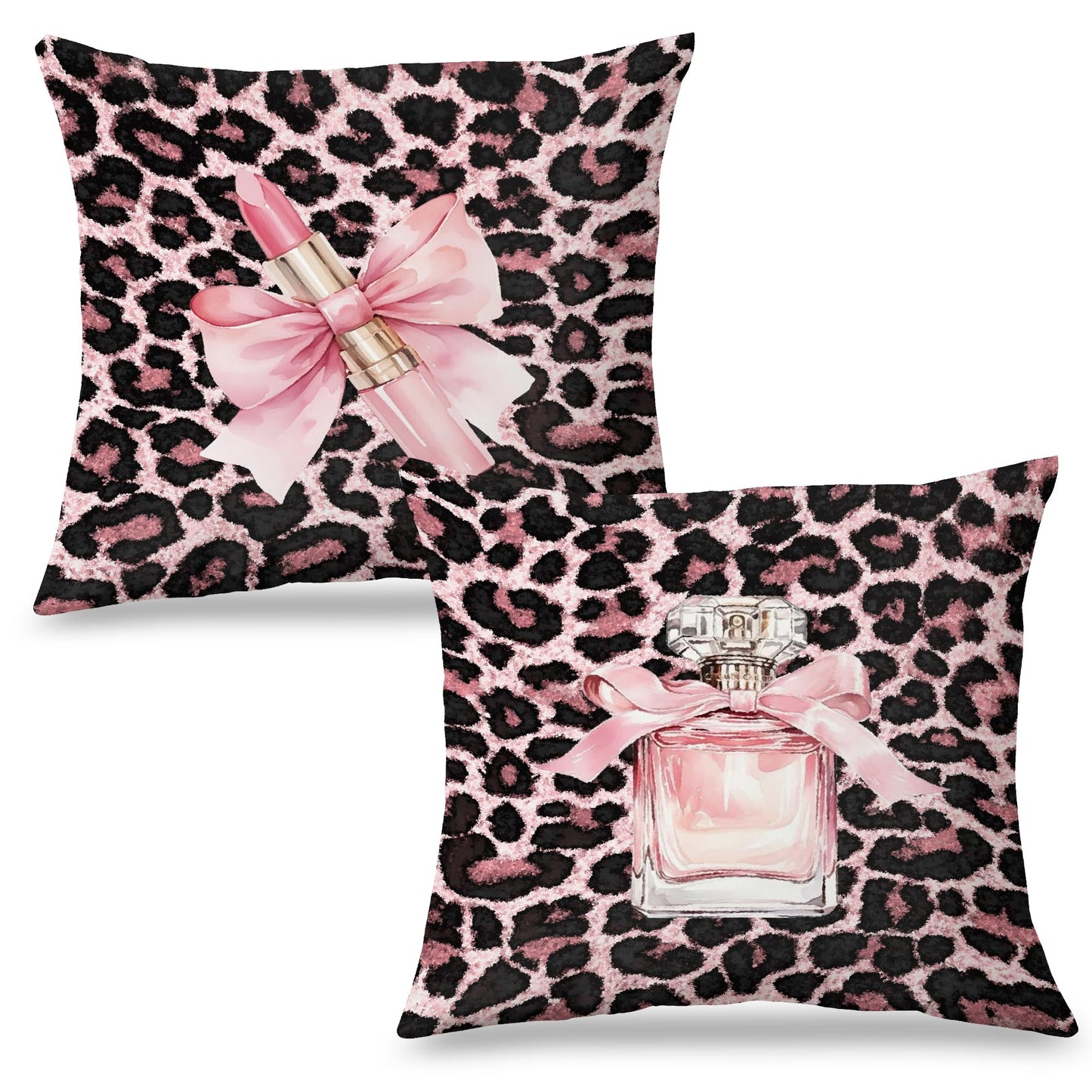 Exqcom Pink Leopard Print Pillow Covers 18x18 Set of 2, Preppy Room Decor Aesthetic, Coquette Girly Lipstick Perfume Cheetah Throw Pillow Covers for Girls Room Dorm Apartment Sofa Couch