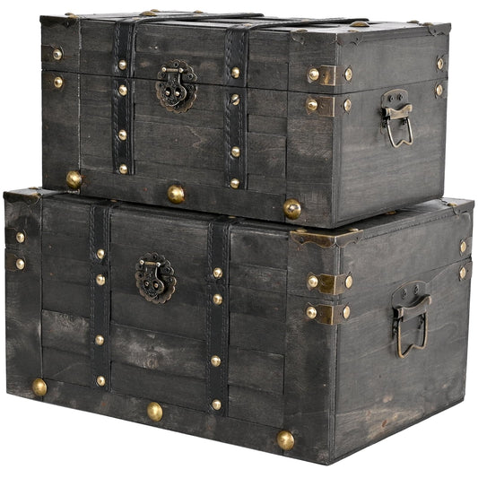 Wooden Vintage Luggage Trunks Set of 2, Decorative Antique Suitcase Storage Boxes with Hinged Lids, Old Fashioned Treasure Chest Organizer for Home, Tabletop & Rustic Decor, Black