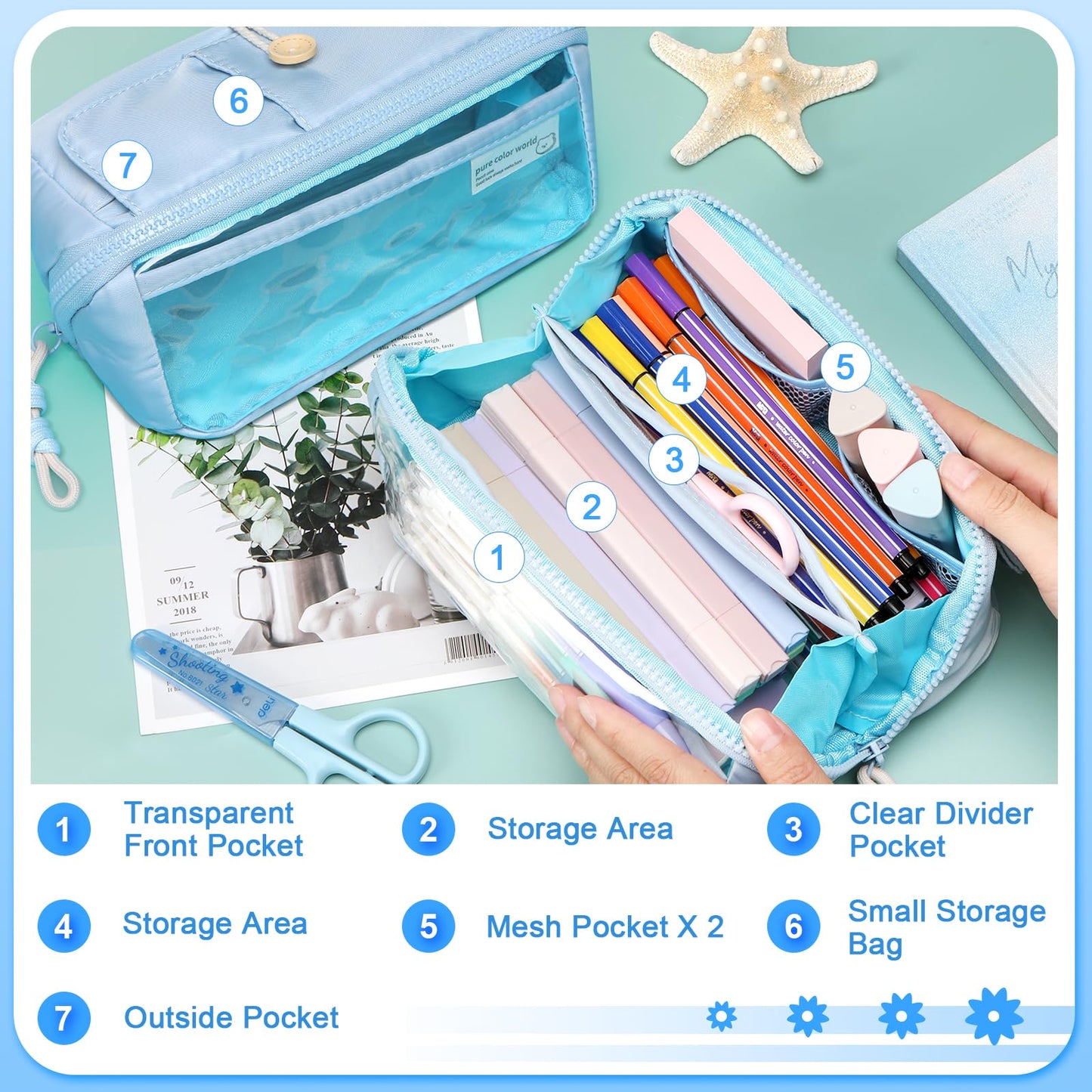 Toplive Large Pencil Case Big Capacity Pencil Pouch Simple Big Pen Stationery Bag Durable Pencil Box Gift Organizer, College Office Travel Storage Bag, Aesthetic Supply for Adult, Blue