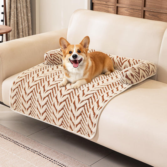 Calming Dog Bed Mats with Neck & Head Support, Soft Flannel Pet Couch Bed for Small and Medium Dogs & Cats, Pet Washable Couch Covers for Sofa