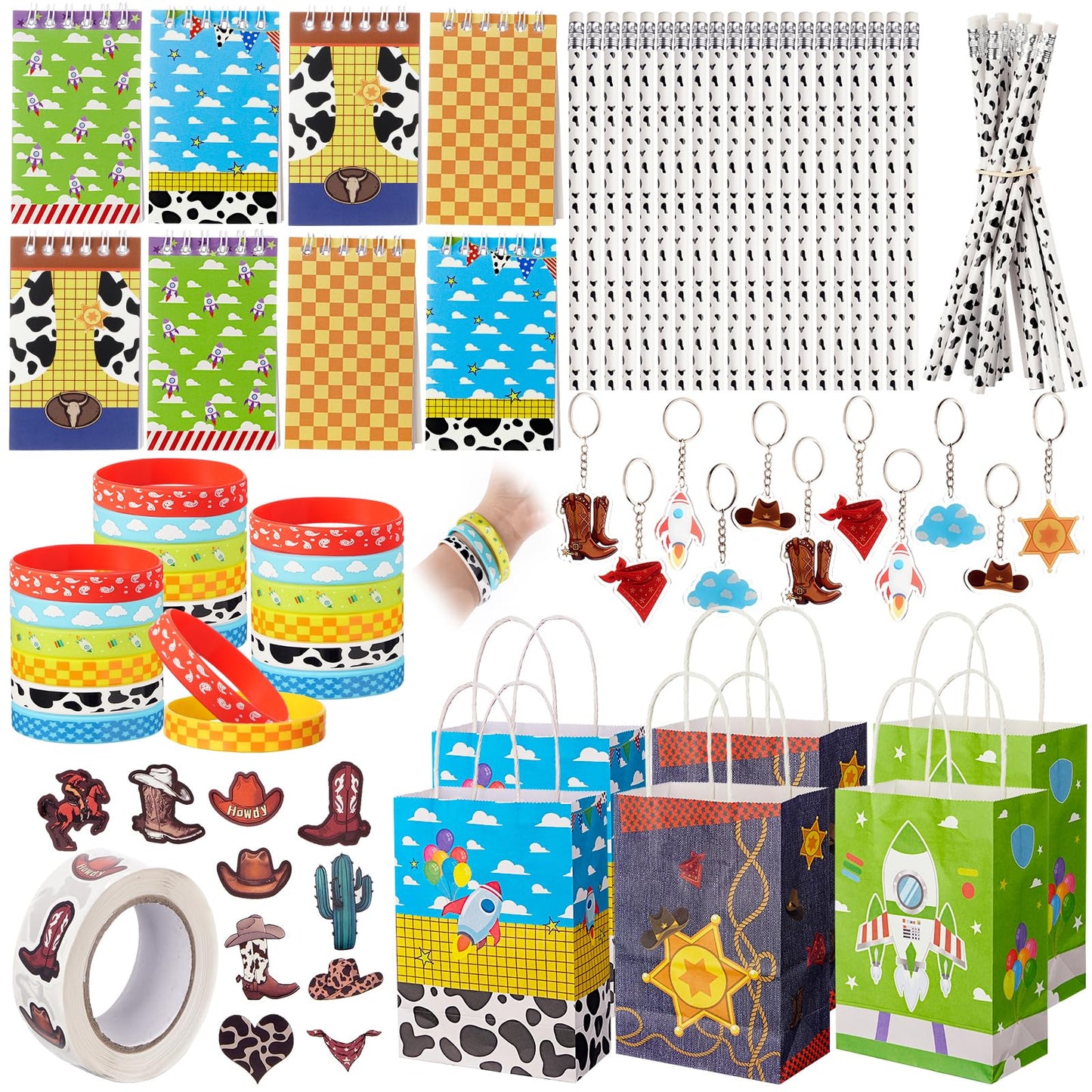 Vanblue 110 Pcs Cartoon Story Party favors Cow Pattern Birthday Decorations Set Gift for Kids Treasure Box Toys for Classroom School Reward Gift Prizes Notebooks Goodie Bag Stuffers