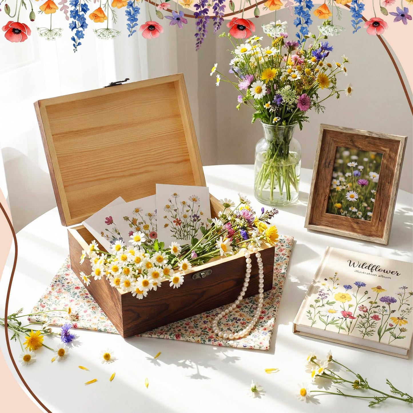 Gerrii Wildflower Wooden Keepsake Box Wedding Baby Shower Spring Flower Memory Storage Box with Buckle for Birthday Baby in Bloom Party(Wildflower Mix,Brown,11.02 x 8.86 x 4.92 Inches)