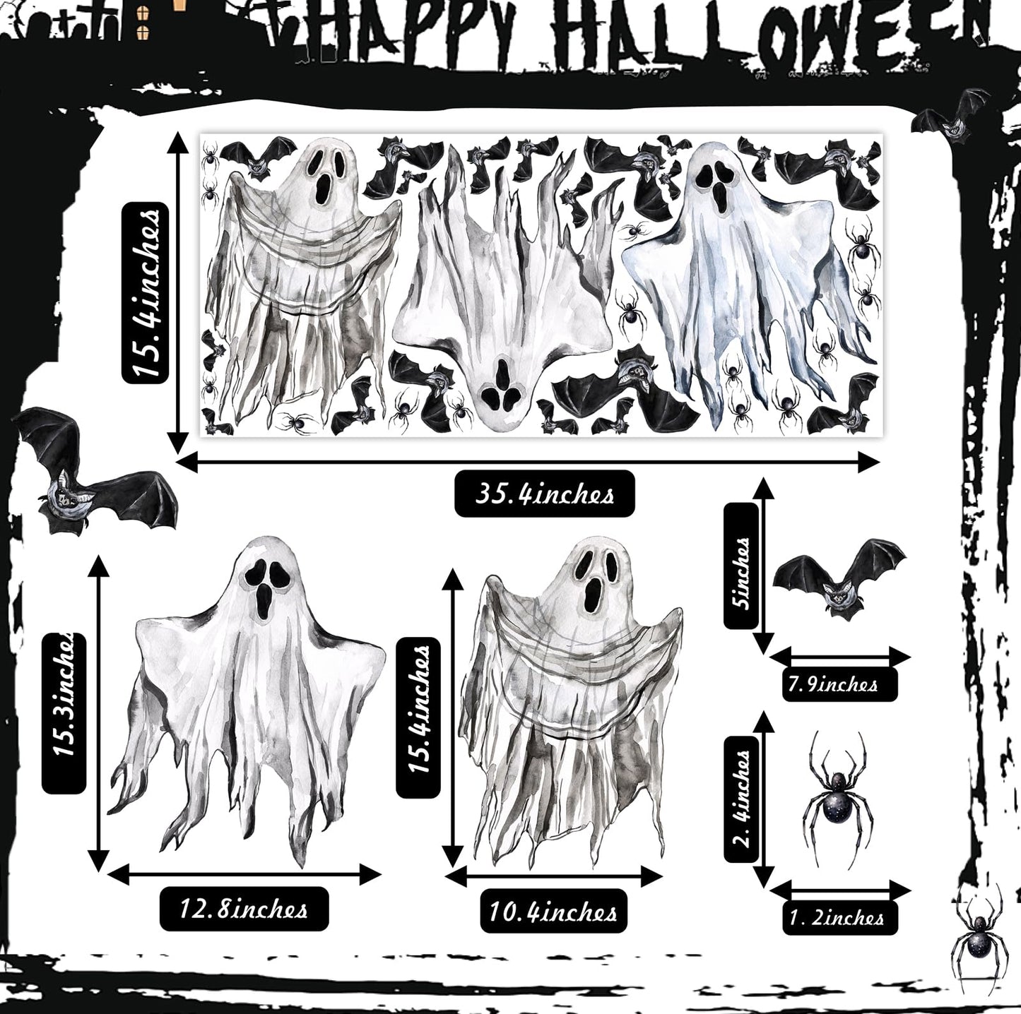 Halloween Wall Decoration Stickers Large Bats Ghost Wall Decals Decoration Peel and Stick Halloween Party Indoor Decor Supplies Happy Halloweens Vinyl Decals for Haunted House Window Winter Hoilday