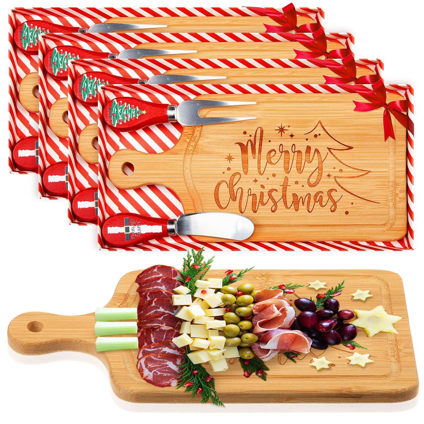 Ziliny 4 Set Christmas Cheese Board and Knife Set, Wooden Small Charcuterie Board Mini Holiday Serving Tray with Knives for Xmas Gift Party Home Decoration (Square)
