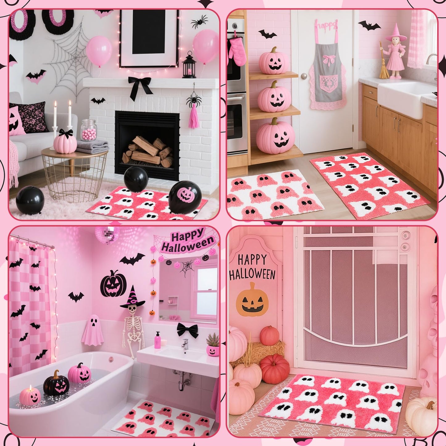 Tinideya 2 Pcs Gothic Bathroom Rugs Decor Pink White Ghost Bathroom Mat Gothic Rug Non Slip Front Door Mat Carpet for Bedroom Home Living Room Kitchen Floor Decor 31.5 x 19.7 Inch
