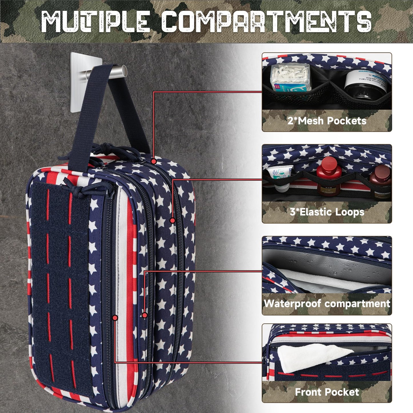QT&QY Tactical Toiletry Bag For Men Hygiene Bag EDC Military Tool Molle Pouches Small Dopp Kit Mens Shaving Kit Travel shower Bags Star-Spangled