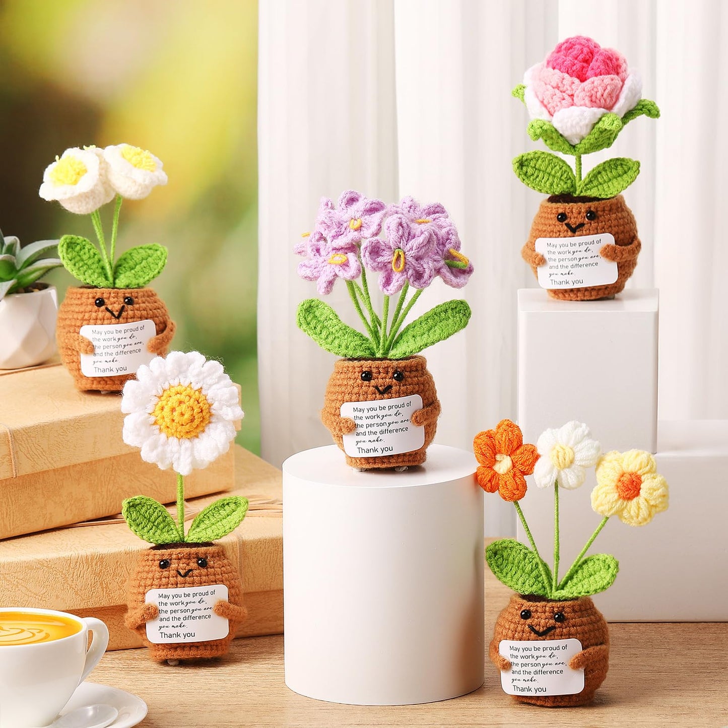 Geelin 6 Sets Positive Employee Appreciation Mini Crochet Flower Potted Doll with Card Emotional Rose Daisy Crochet Support Thank You Plants May You Positive Gift for Women Coworker Employee Teacher