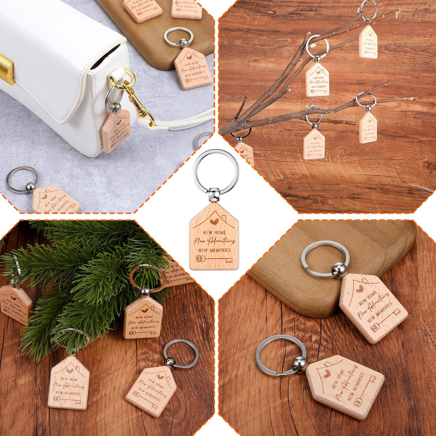 Ckhoid 50PCS New Home Keychain Bulk Welcome Home Keychain Gifts Wooden House Shaped Key Tag Move in Gifts Apartments House Key Chain for Family Client Buyer Customer