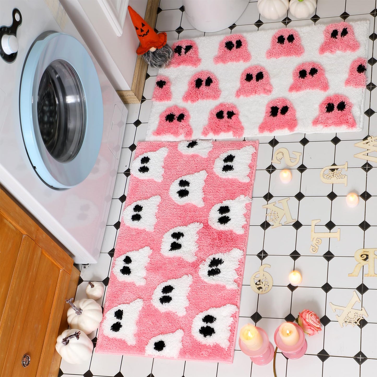 Tinideya 2 Pcs Gothic Bathroom Rugs Decor Pink White Ghost Bathroom Mat Gothic Rug Non Slip Front Door Mat Carpet for Bedroom Home Living Room Kitchen Floor Decor 31.5 x 19.7 Inch
