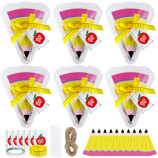 6 Set 9.05*7.28 in Large Teacher Appreciation Gifts Box with Apple Cards Ruler Ribbon Mesh, Reusable Pizza Storage Containers with Lids, Pencil Shaped Gift Box for Wrapping Teacher Appreciation