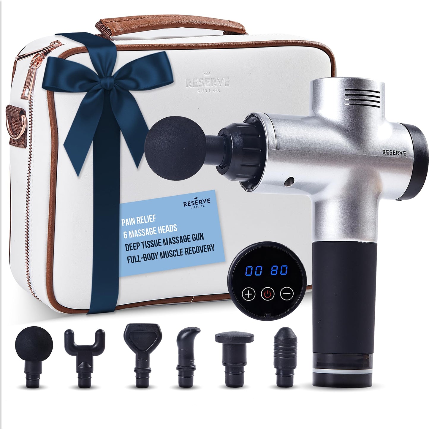 Reserve Gifts Co. Massage Gun Gift with Carrying Case - Deep Tissue Back Massager for Pain Relief with 6 Percussion Relaxation Heads - Silent Brushless Motor, Gift for Wife, Mother (White/Pearl)