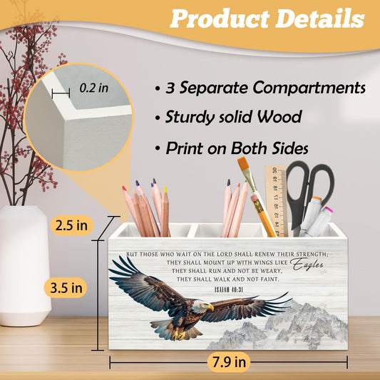 Yjeslw Christian Pen Holder Organizer for Desk Accessories, Eagle Bible Verse Wooden Box Sign Desk Decorations for Home Bedroom Office Decor, Religious Christian Gifts for Women Men