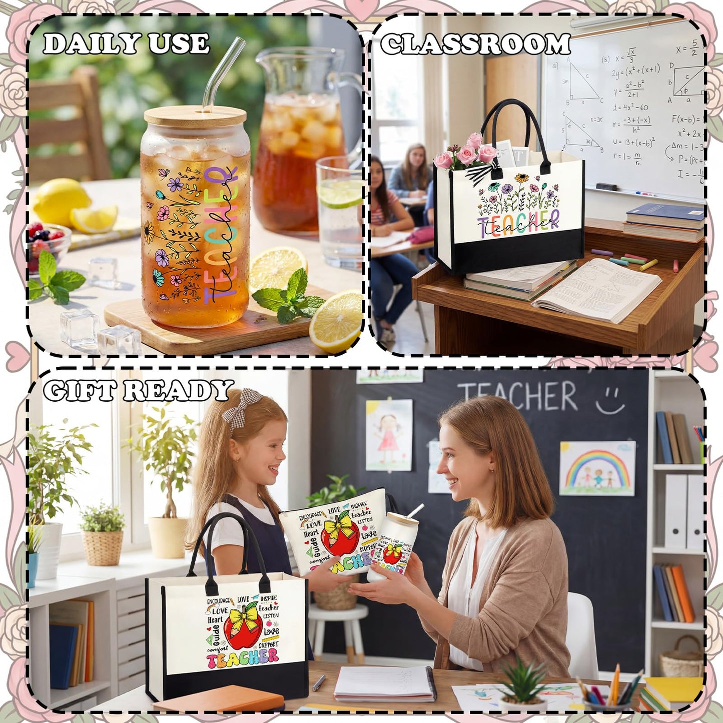 Sanwuta 6 Sets Teacher Appreciation Gifts for Women Thank You End of Year Teacher Gifts Set Include Tote Bag, Makeup Bag & 16oz Glass Cup for Employee Women Graduation Birthday School Office Supplies