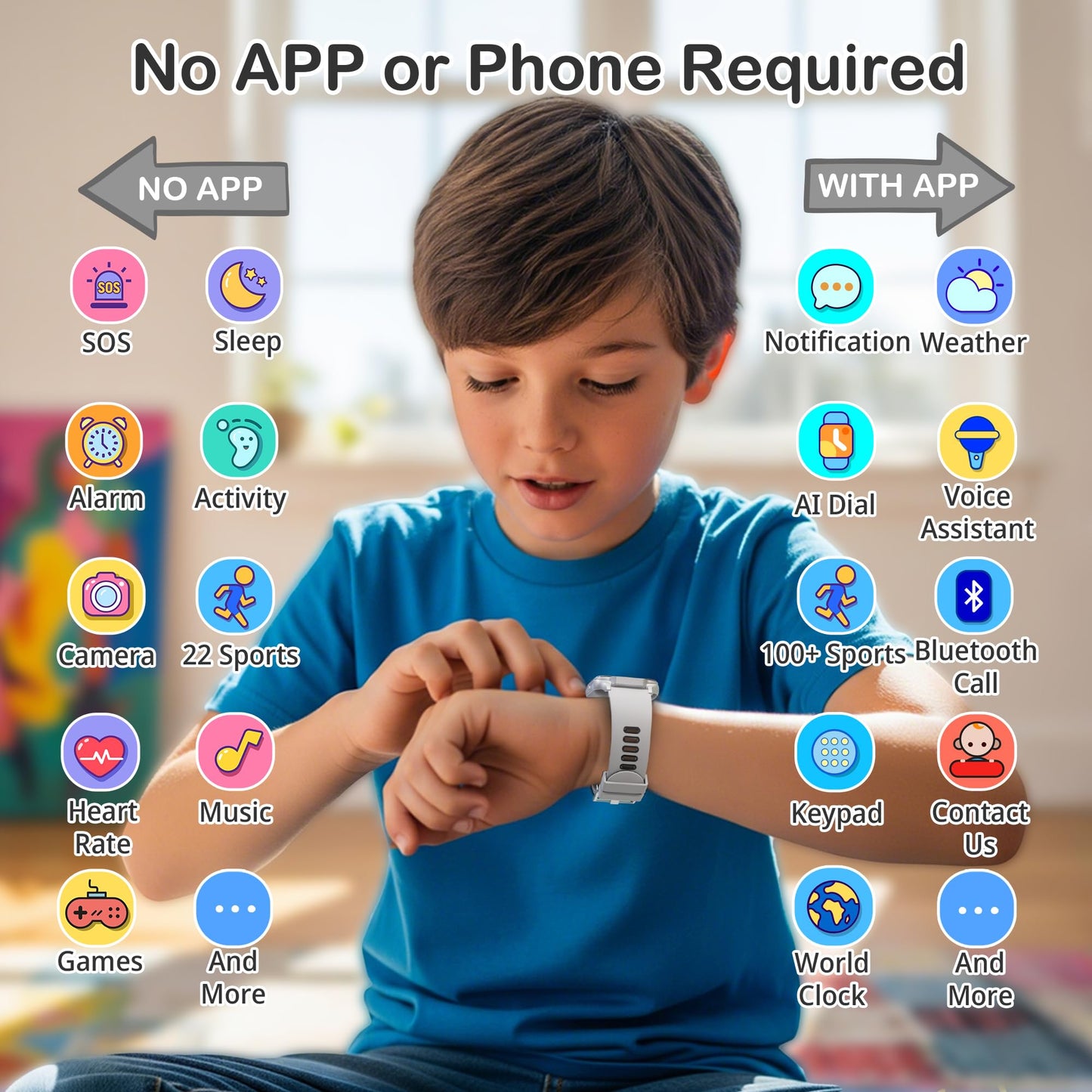 Kids Waterproof Smart Watch Boys with Fitness Tracker Sports Activity Pedometer Heartrate SpO2 Stress Monitor Flashlight APP HD Touch Screen Camera Games Music for 4-13 Years Old Boys Gifts for Kids