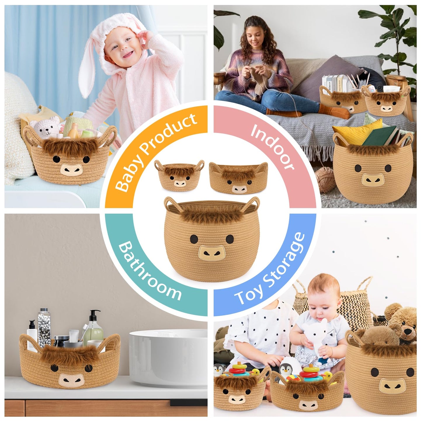 Hkojewp 3Pack Highland Cute Cow Storage Baskets Set for Nursery- Small, Oval, Large Woven Gift Basket, Rope Cotton Bins with Handles, Baby Laundry 0rganizer Shower Towel Blanket Clothes (9/12/15In)