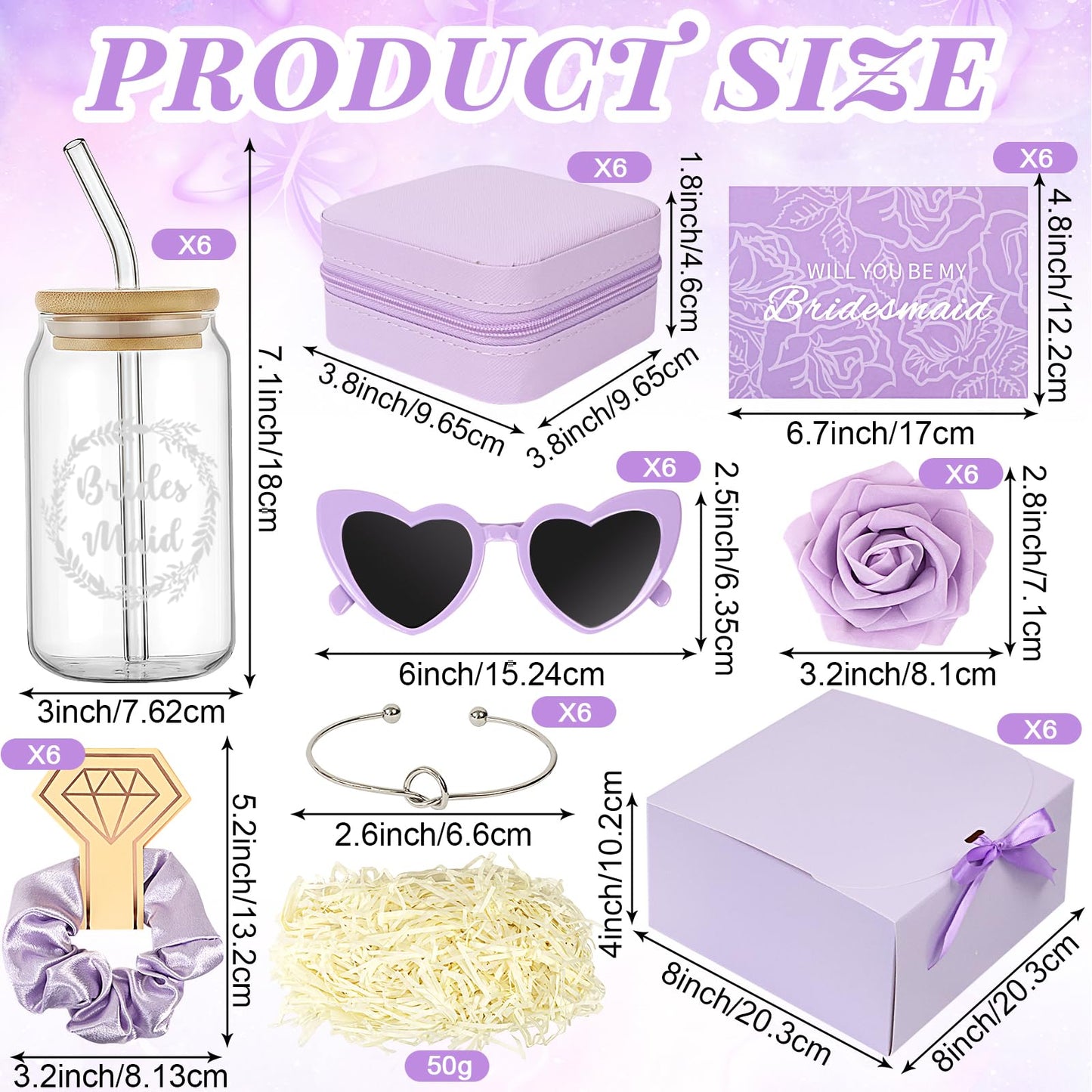 HOMENERGY Bridesmaid Proposal Gifts Set 6 - Will You Be My Bridesmaid Kit with Elegant Box Jewelry Box Glass Cup Invited Cards Knotted Bracelets Sunglasses Scrunchies Raffia Grass (Purple, 54 Pcs