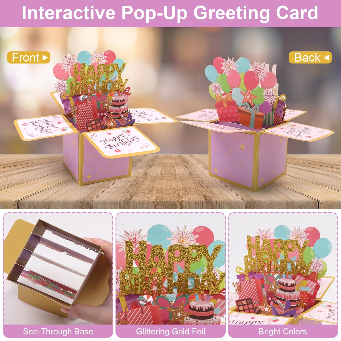 Fushing 3D Pop Up Birthday Card - Sweet Birthday Box Greeting Card Box with Blank Message Card & Envelope, Unique Handmade Scrapbook for Wife, Women, Men, Kids, Daughter, Son, Mom, Dad, Friend (Pink)