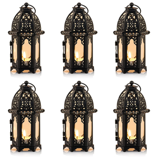 NUPTIO 6 Pcs Hanging Candle Holder Lantern Centerpiece Table/Hanging Glass Hexagon Moroccan Candle Lantern Holders, Black