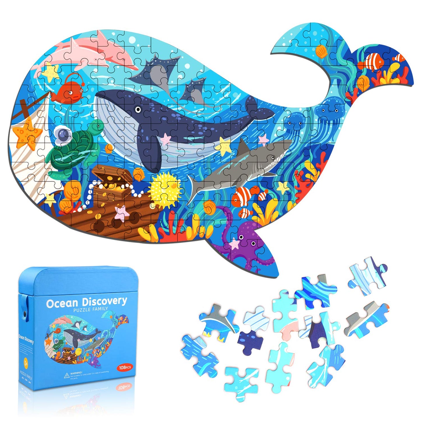 Jigsaw Puzzles for Kids Ages 4-8, 108 Pieces Whale Shaped Cardboard Puzzles for Animal Lovers, Sturdy Floor Puzzles Box and Poster, Educational Toys Gift for Boys Girls, 23.38 x 14.72 Inch