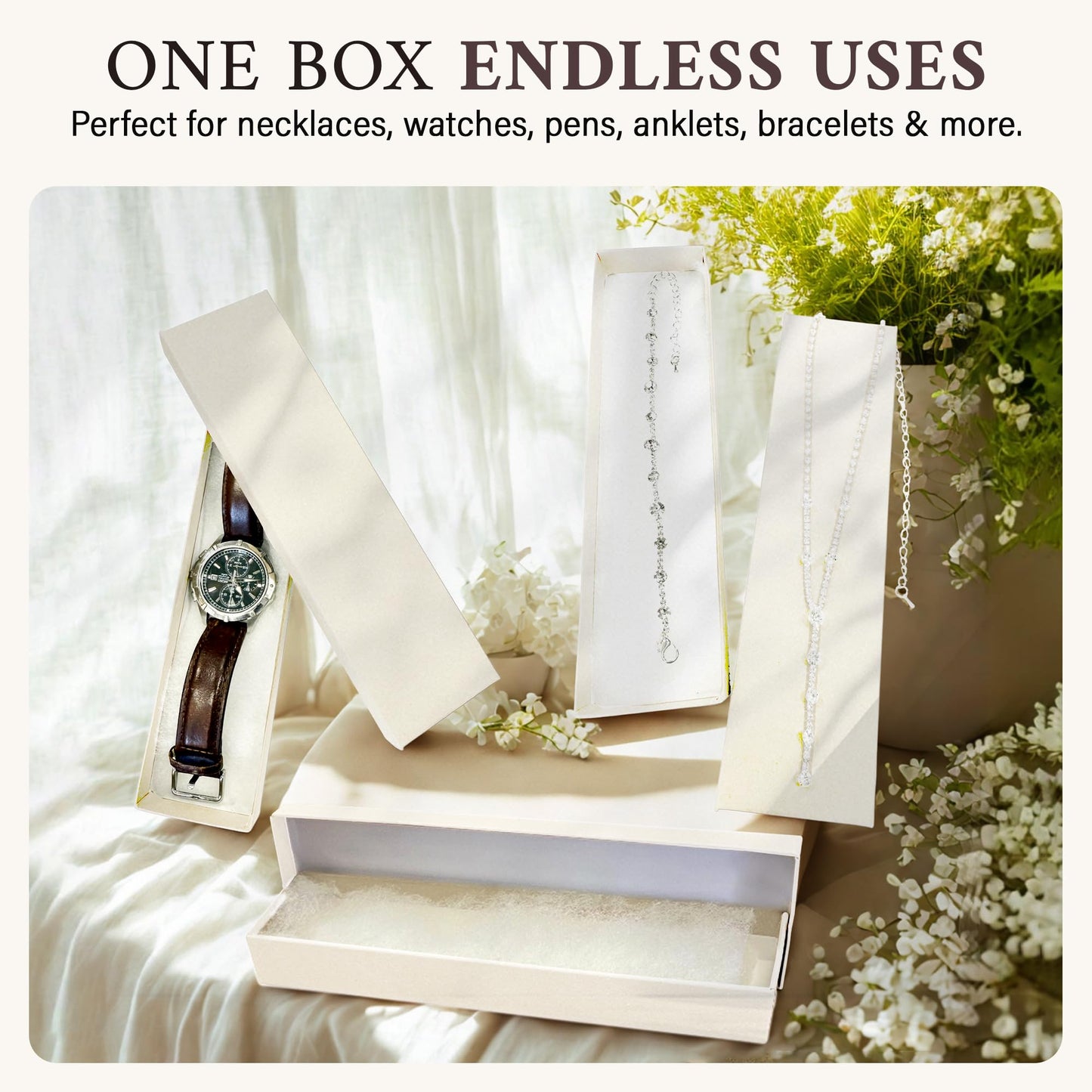 RJ Displays 20 Pack Cotton Filled white Jewelry Gift Boxes 8" x 2" x 1" Inches #82 Cardboard Jewelrys Box, Jewelry gift Box for Small Business & Wearable for giftbox, Watches, Jewelrys Boxes with Lids