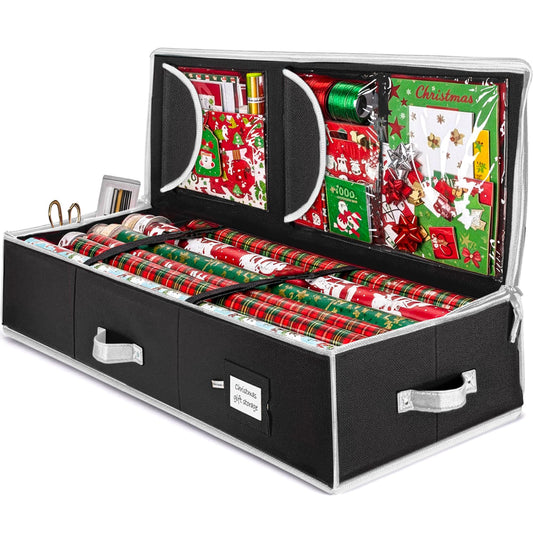 ZOBER Gift Wrapping Paper Organizer Storage - 40" Gift Wrap Storage Containers with Interior Pockets for Bows, Tags & Ribbons - Wrapping Paper Holder, 600D Oxford, Fits 24 Standard Rolls, Black/White