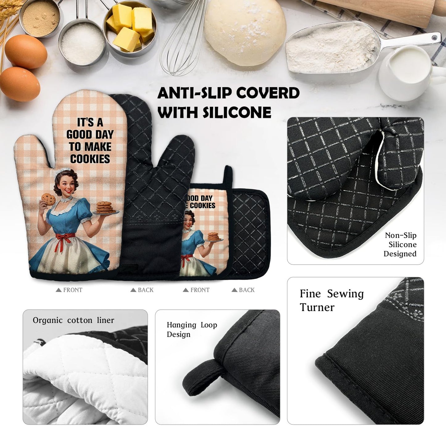 ZHANTUONE It's A Good Day to Make Cookies Funny Heat Resistant Oven Mitts and Pot Holders Set with Silicone Non-Slip, Vintage Lady Cookie Lovers Baking Gadgets, Gifts for Bake Lover Hostess Mom Wife