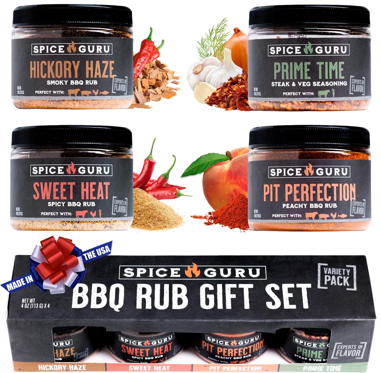 Spice Guru BBQ Rub Gift Set – 4 Flavor Barbecue Seasoning Sampler – Mens Christmas Gifts for Dad, Husband or Brother – Premium Grilling Spices & Holiday Gift Set for Grill Lovers - Grill Accessories