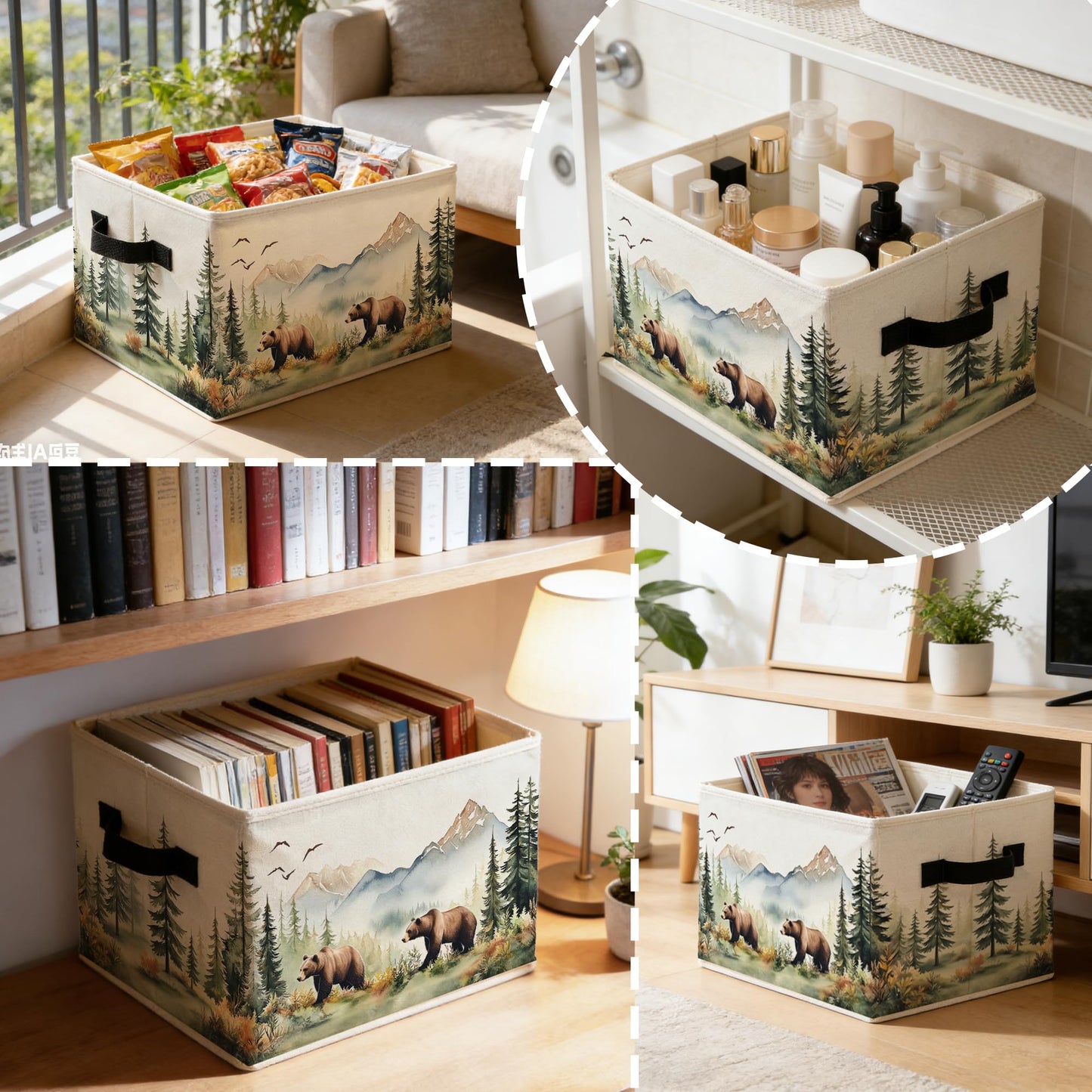 Fyecoluo Forest Brown Bear Nursery Storage Bins Box with Handles, Camping Hiking Lover Gifts Foldable Basket Toybox for Kids Room Nursery Playroom Bedroom Bathroom Clothes Toys Books
