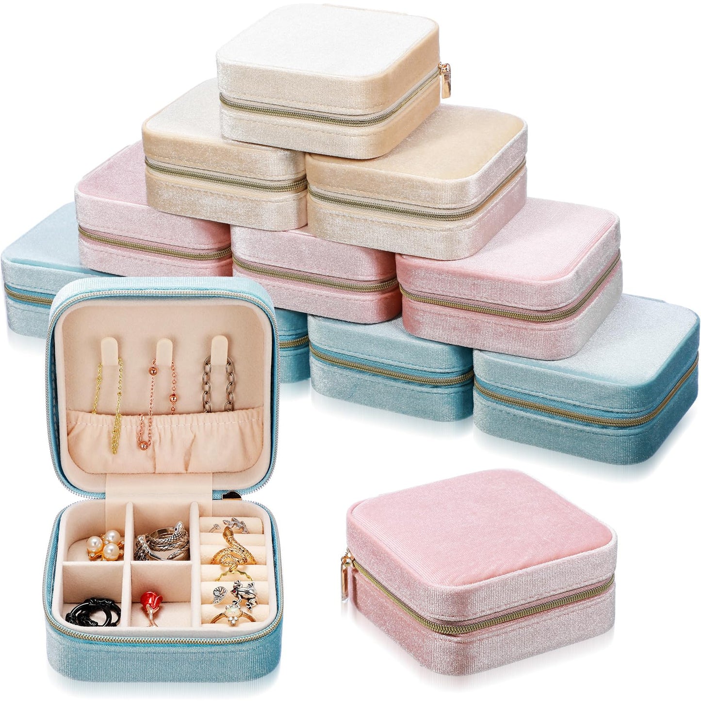 Kenning 12 Pcs Small Velvet Travel Jewelry Box Mini Jewelry Case Portable Organizer Pouch Bridesmaid Proposal Gift for Women(Square)
