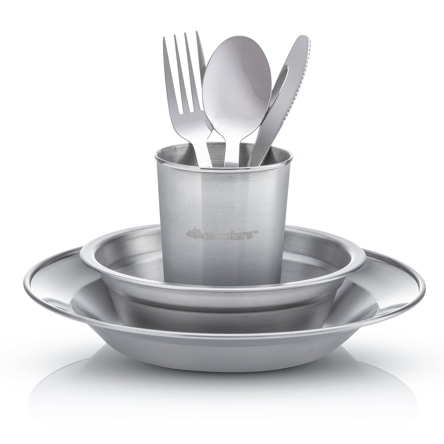 Wealers Unique Complete Messware Kit Polished Stainless Steel Dishes Set| Tableware| Dinnerware| Camping| Buffet| Includes - Cups | Plates| Bowls| Cutlery| Comes in Mesh Bags (2 Person Set Blue)