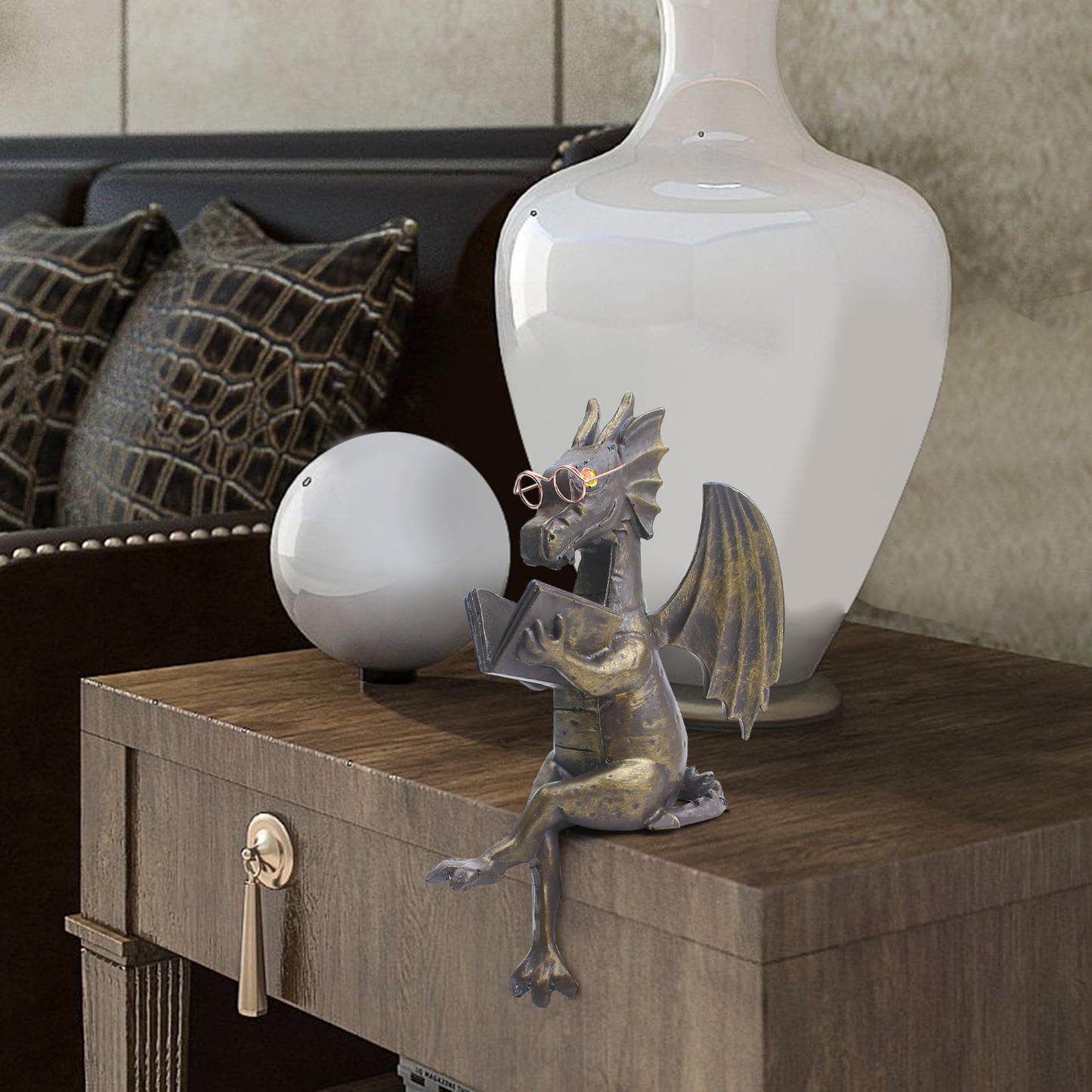 Dragon Reading Book Statue Figurine Sculpture, Wearing Glass Dinosaur Mini Cute Small Creative Ornament for Garden Bookshelf Decorations Adult Shelf Home Landscaping Outdoor Desktop Housewarming