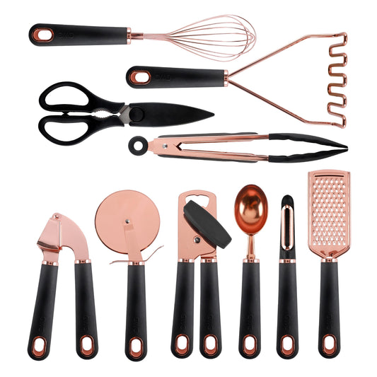 COOK WITH COLOR Kitchen Gadget Set Copper Plated Stainless Steel Utensils with Soft Touch Handles, Copper Black, 10 Pieces