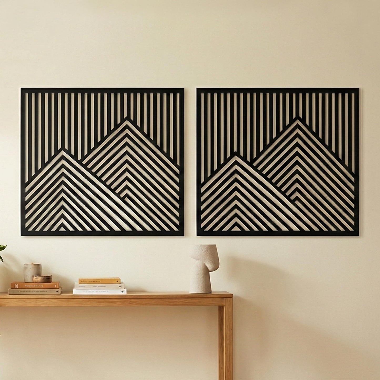 River's Edge Essentials Wood Mountain Wall Art Set of 2 – Large Wooden Wall Decor Panels, Modern Black Geometric Mountain Wall Art for Living Room or Bedroom, 21.5” x 21.5”