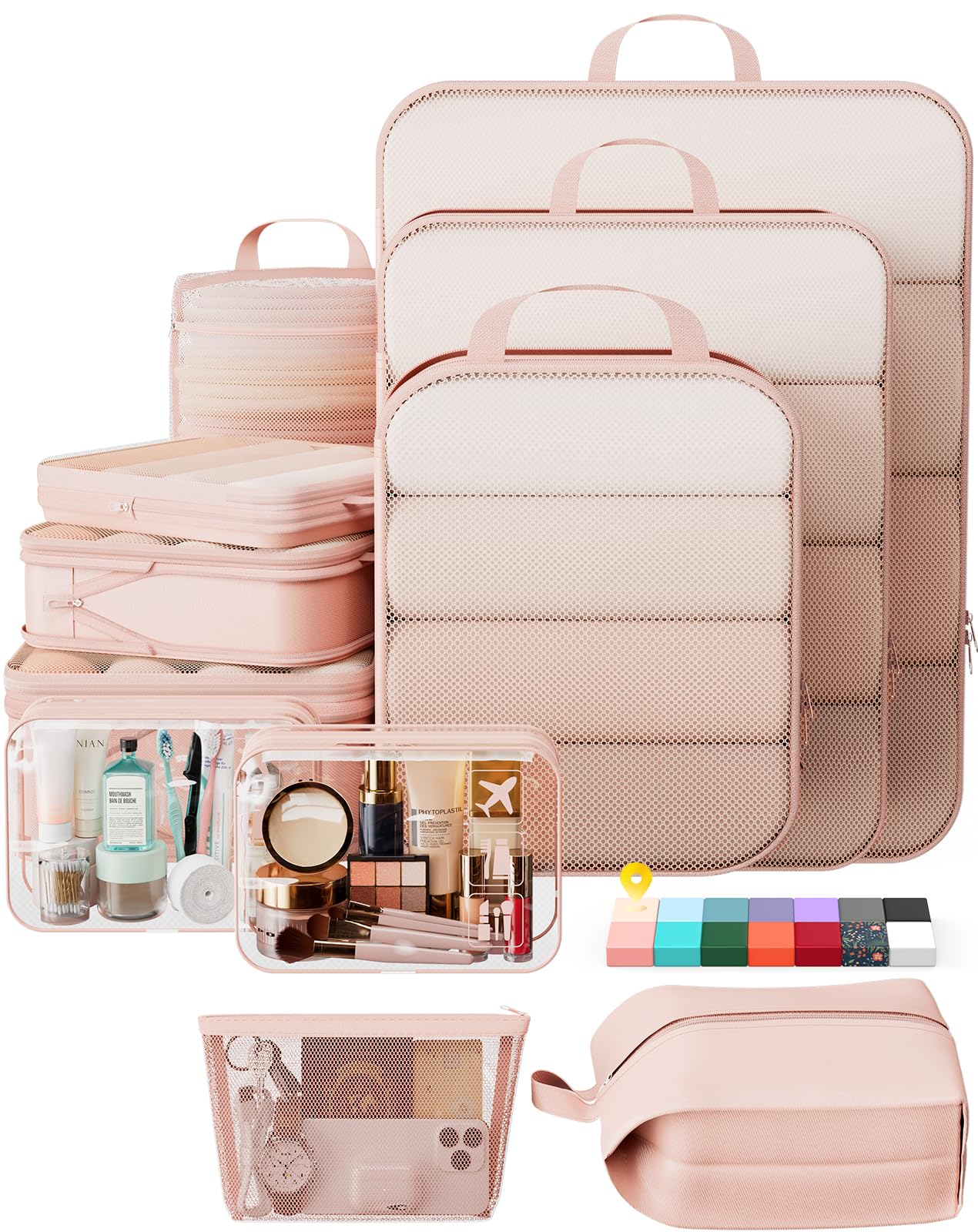 Veken 11 Set Compression Packing Cubes for Travel Essentials,Compressible Expandable Large Luggage Suitcase Organizer Bags for Clothing,Durable Space Saver Storage Bags with Toiletry Bags(Beige)