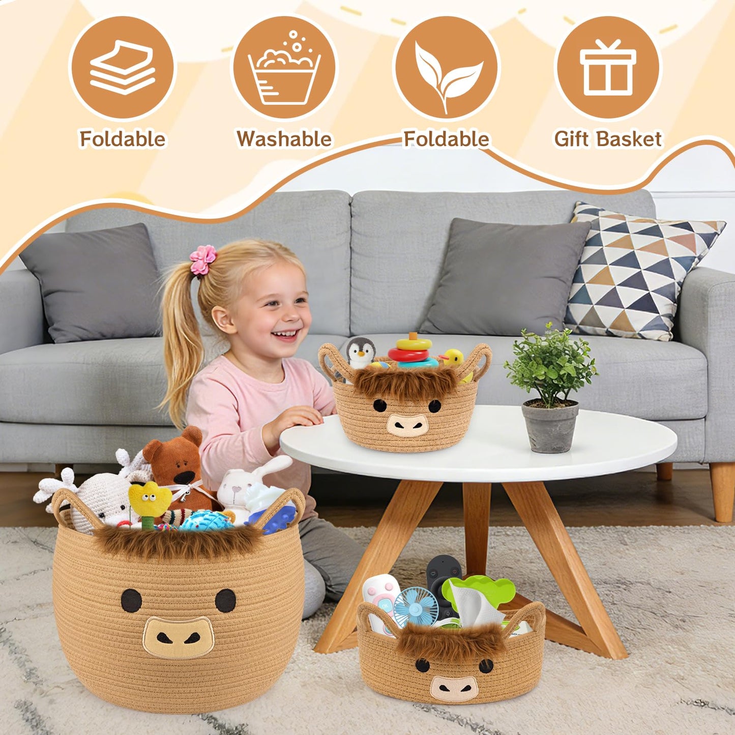 Hkojewp 3Pack Highland Cute Cow Storage Baskets Set for Nursery- Small, Oval, Large Woven Gift Basket, Rope Cotton Bins with Handles, Baby Laundry 0rganizer Shower Towel Blanket Clothes (9/12/15In)