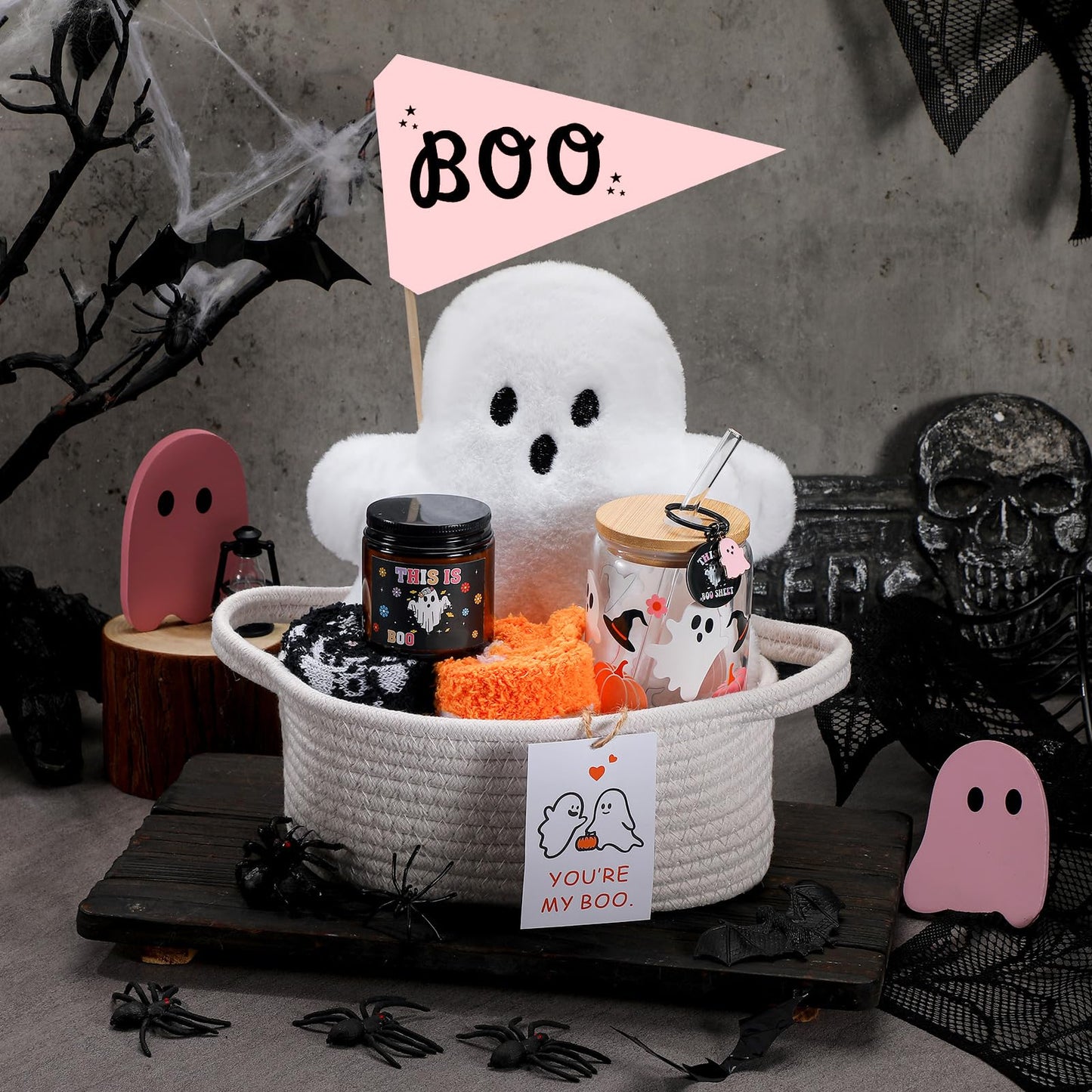 LemonRoad 9 Pcs Boo Basket Stuffers for Women Halloween Boo Basket Items Gift Set with Ghost Plush Toy Spooky Glass Cup Scented Candle Socks for Her Women Adults Wife Girlfriend Friend(Fashion)