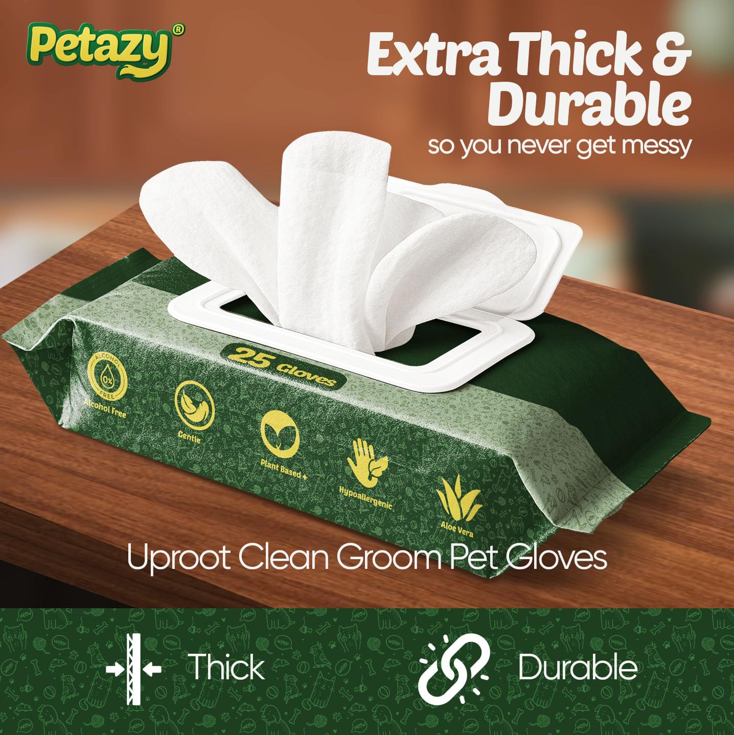 Petazy Pet Glove Wipes for Dogs & Cats – Hypoallergenic Thick Cleaning Gloves with Aloe & Coconut Oil for Paws, Face, Ears & Butt, Instant No Rinse Grooming Wipes to Deodorize and Hydrate, 25 Pack