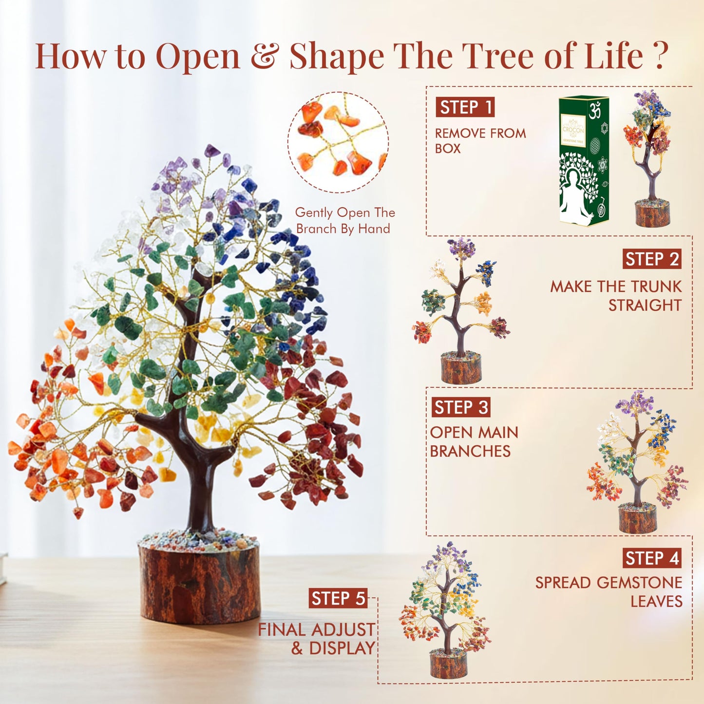 Crocon® The Original 7 Chakra Crystal Tree of Life, Birthday Gifts for Women & Men | Healing Crystals, House Office Decor Tree - Sister, Gifts for Mom, Her House Warming Gift | Women Unique Gift Idea