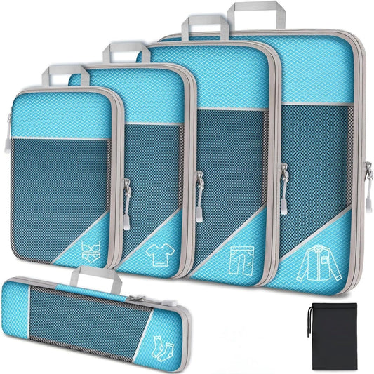 6Pcs Compression Packing Cubes Set, Waterproof Travel Luggage Organizer with Drawstring Bag, Lightweight Nylon Suitcase Storage Bags for Travel Camping Business Trip