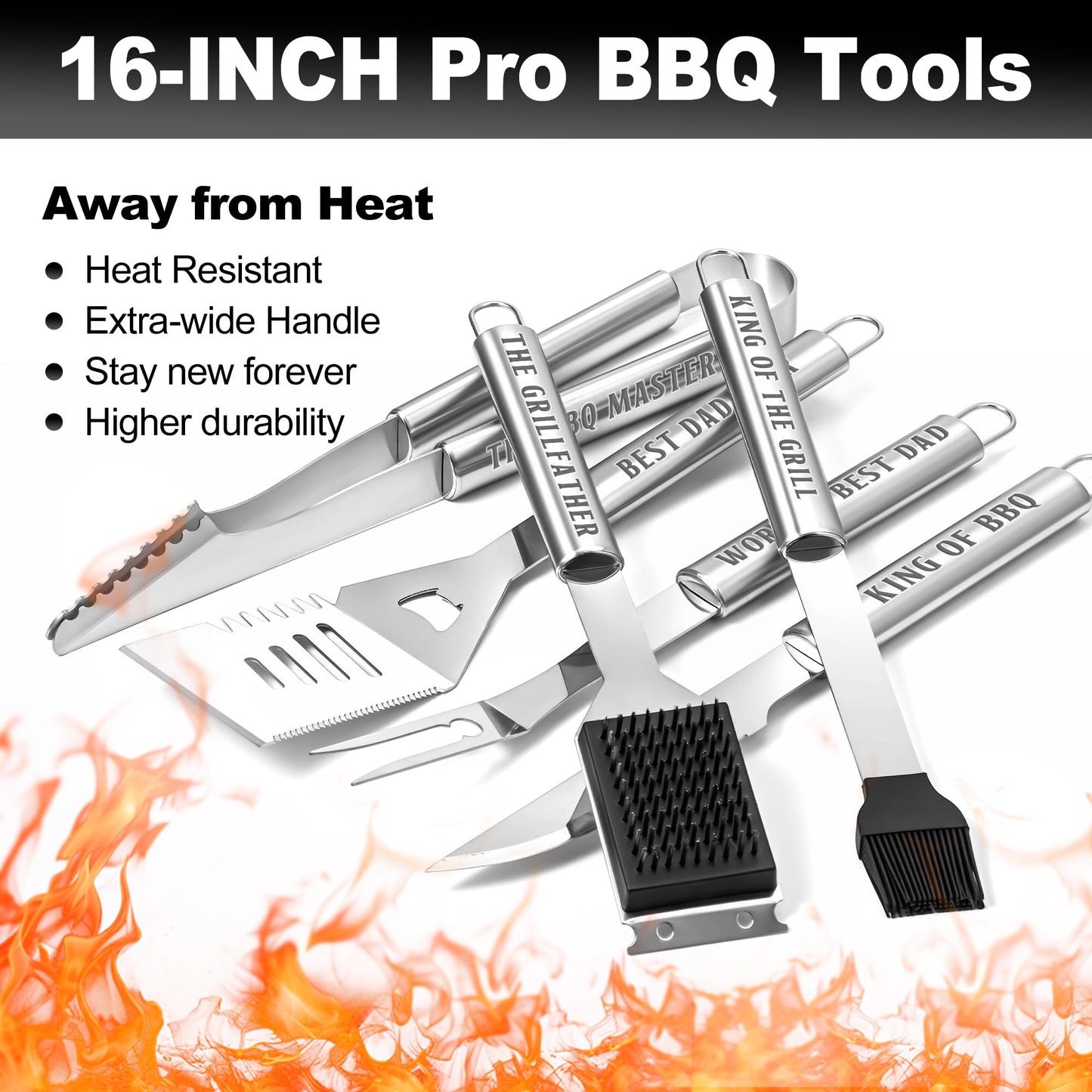 Dad Gifts, Dad Birthday Gifts from Daughter Son Heavy Duty Grilling Accessories Kit for Backyard BBQ, Thick Stainless Steel Grill Utensils with Non-Slip Handle Tool for Man on Christmas