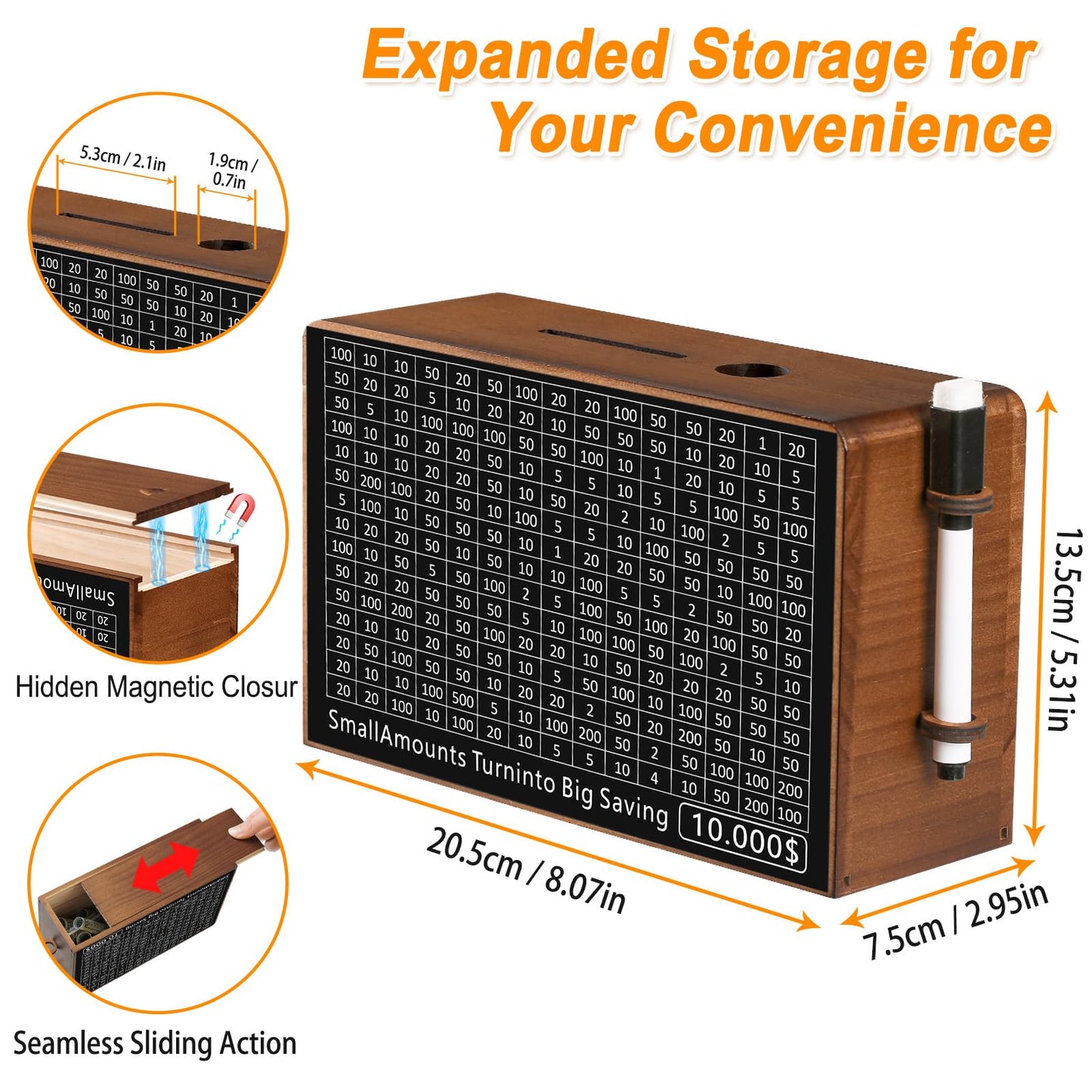 Wooden Money Saving Box for Kids & Adults - Reusable $10,000 Savings Challenge Box with Progress Tracker & Cash Vault, Educational Piggy Bank Gift for Boys Girls 3-12 (7 Amounts, Wood)