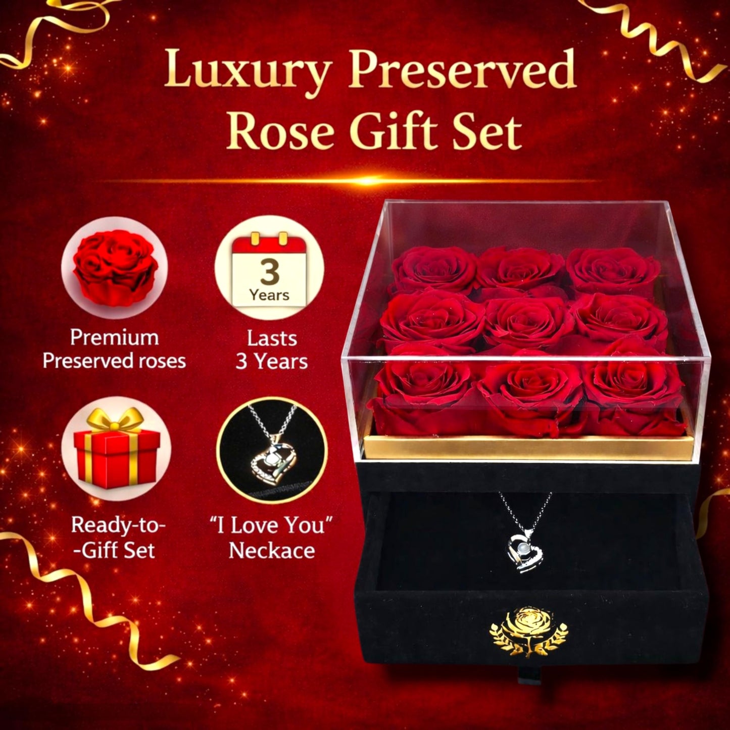 Eterno Bel Fiore Luxury Preserved Roses - I Love You Necklace - Velvet Box with Drawer - Luxury Gift for Valentines Day Birthdays Mother's Day Anniversaries - Wife Mom Girlfriend Sister