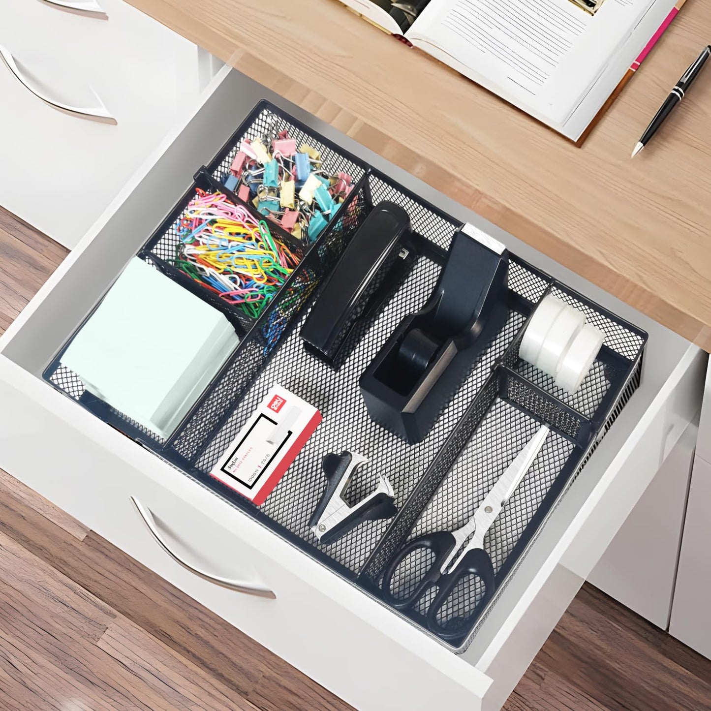Black Office Desk Accessories, Black Office Supplies Set, Desk Drawer Organizer,Stapler and Tape Dispenser Set,Tape,Staple Remover, Staples, Paper Clips, Scissor and Sticky Note